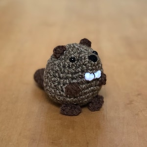 May include: A brown crocheted beaver with black eyes and white teeth. The beaver has a brown tail and brown feet.