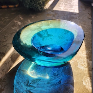 Vintage thick blue glass Murano geode style bowl - Retro Murano blue glass geode bowl