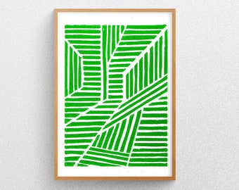 Linocut Print - Abstract Geometric Pattern with Lines in Green, A4 Print 105g Natural Paper