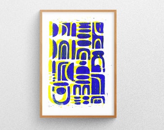 Linoprint - abstract pattern blue/yellow, abstract art print, geometric pattern, minimalist, DIN A4, shapes, art, modern art