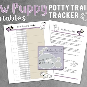 May include: Printable potty training tracker for new puppies. The tracker has a chart to record daily potty training progress. The printable also includes toilet training tips for new puppy owners.