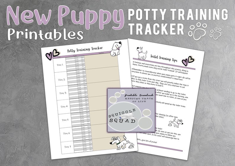 May include: Printable potty training tracker for new puppies. The tracker has a chart to record daily potty training progress. The printable also includes toilet training tips for new puppy owners.
