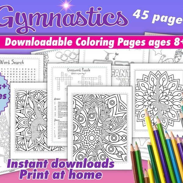 Gymnastics coloring pages, PDF file, for ages 8+, Mindfulness coloring for Gymnast, Activities and puzzles for gymnasts , gymnastics party