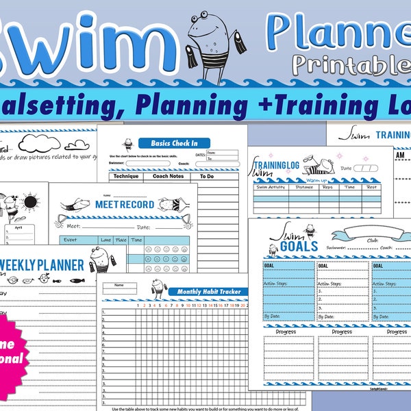 Swim Printable, Swim Training Log, Goal Tracking, Swim Goals Setting, Swim Organizer, Meet Score Tracker,  Weekly Planner, Swimmer Planner