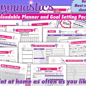 Gymnastiek afdrukbaar, werkblad voor het bijhouden van doelen, mijn doelen, het stellen van doelen, gymnastiekorganisator, Meet Score Tracker, wekelijkse planner