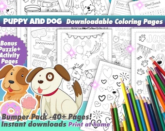 Schattige puppy en hond kleuractiviteitenpagina's - Puppy printables - Hondenkleurplaten voor kinderen - Downloadbare activiteiten voor kinderen - Puzzels