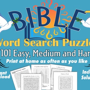 Peut inclure: Un fond bleu avec une colombe blanche tenant une branche d'olivier, un soleil jaune et le mot "BIBLE" en grandes lettres blanches. Le texte "Word Search Puzzles" est sous le mot "BIBLE" en lettres noires. En dessous, le texte "101 Easy, Medium and Hard" en lettres noires. En dessous, le texte "Print at home as often as you like" en lettres noires. Le texte "Instant Download" est dans le coin inférieur gauche en lettres noires. Le texte "Includes Solutions" est dans le coin inférieur droit en lettres noires. Il y a quatre images de mots croisés au centre de l'image.