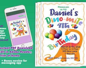 Editable Dinosaur Party Invitation, Dino Birthday, Dinosaur Party, Dino Party, Instant download, Print at Home