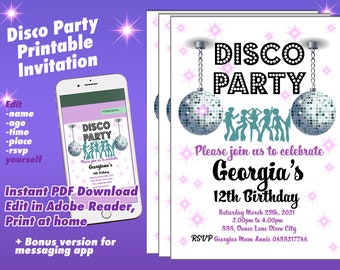 May include: Printable invitation for a disco party with a pink and white color scheme. The invitation features a disco ball, dancing figures, and the text "Disco Party" and "Georgia's 12th Birthday".