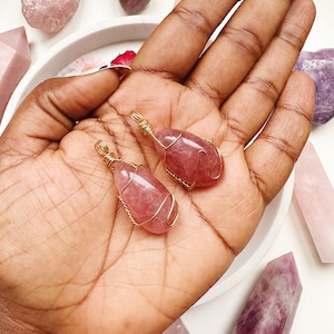 Strawberry Quartz Crystal Necklace Wrapped In Gold Wire