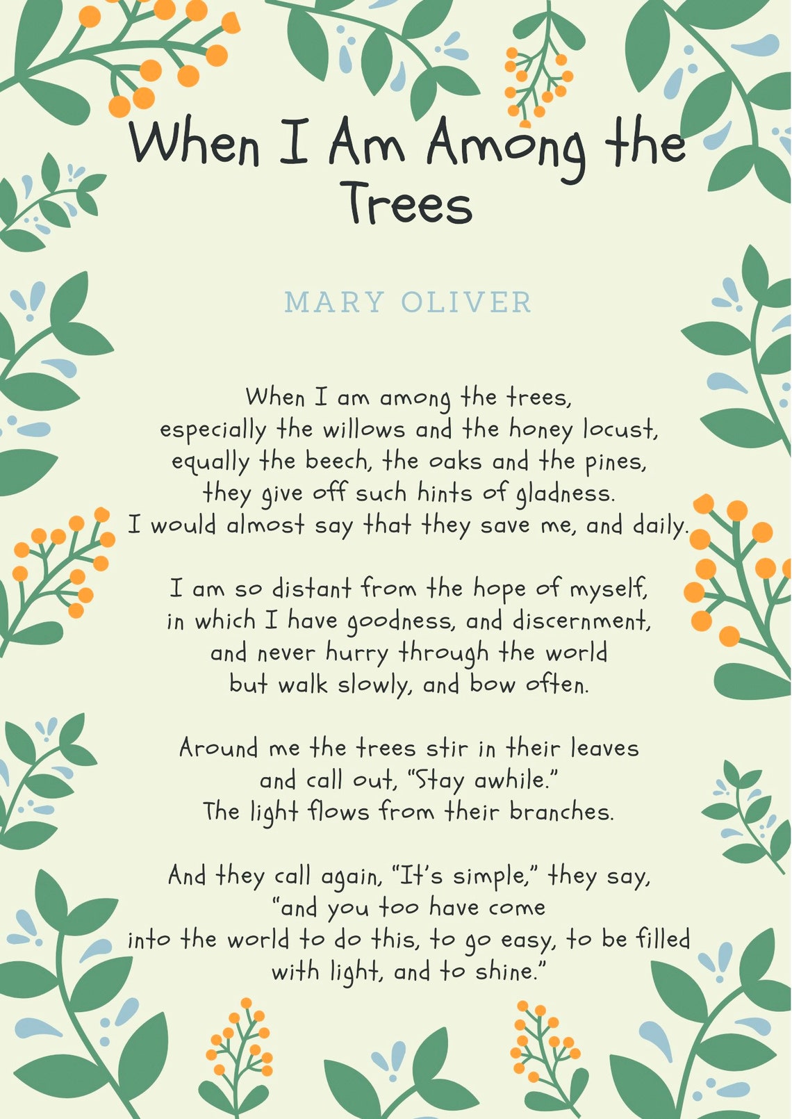Mary Oliver Poem When I am Among the Trees Printable Wall Etsy