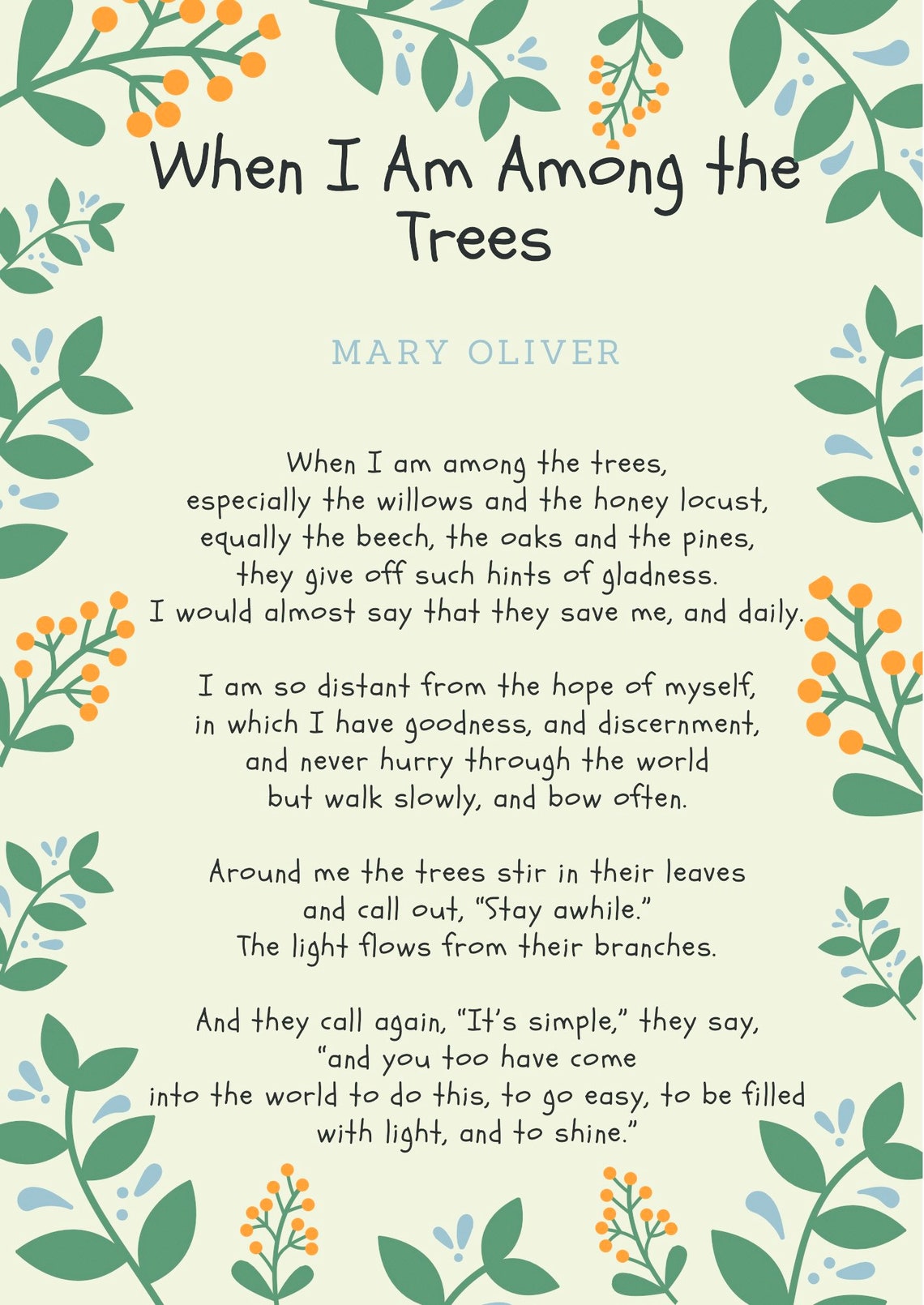 Mary Oliver Poem When I am Among the Trees Printable Wall | Etsy