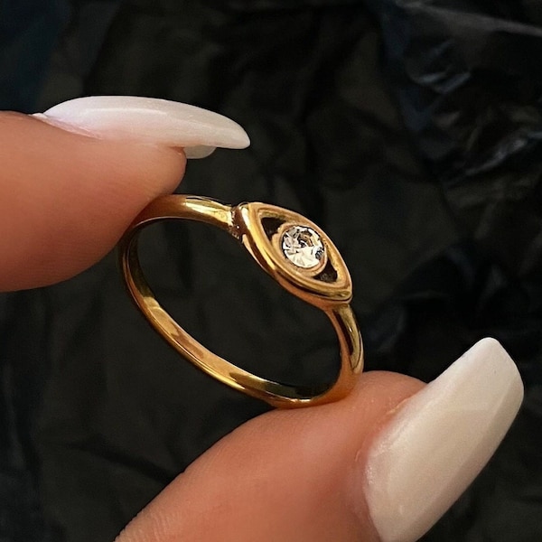 18K Gold Plated Dainty Evil Eye Ring Stacking Ring Minimalistic Gold Ring Evil Eye Protection Ring