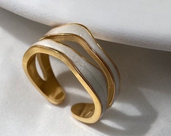 18K Gold Plated White Enamel Ring, Double band ring, irregular gold ring, stacking ring