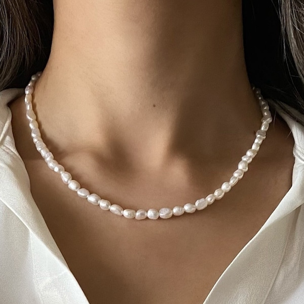 Ras de cou vintage avec perles d'eau douce irrégulières, collier de perles de 4 mm en acier inoxydable, collier de perles baroques