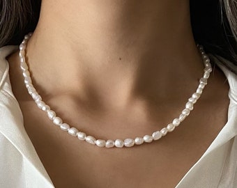 Vintage Irregular Freshwater Pearl Choker, Stainless steel 4mm Pearl Necklace, Baroque Pearl Necklace