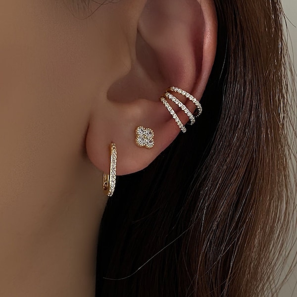Gold Pave Ear Cuff, Triple conch Ear Cuff, Minimalist ear cuff, dainty gold ear cuff, hypoallergenic & waterproof