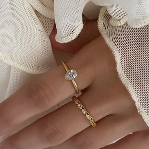 18K Gold Plated Pear Solitaire Ring, Bezel Engagement Ring, Dainty Gold Ring, Adjustable Ring