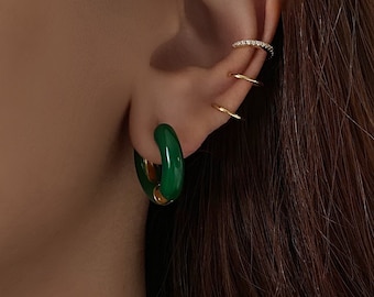 Green Hoop Earrings, Enamel Hoop Earrings, Red Enamel Earrings, 18K Gold Plated Earrings, Huggie Hoops