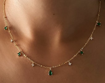 Tear Drop Emerald Necklace, Dainty Gold Plated Necklace, Emerald Pendant Necklace, May Birthstone Necklace, Silver Emerald Necklace