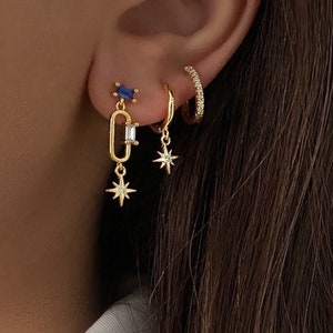18K Gold Plated Star Dangle Hoop Earring Set, Celestial Jewelry, 3 Pair Earring Set, Blue Zircon Earring Mismatched Earrings Valentine's day