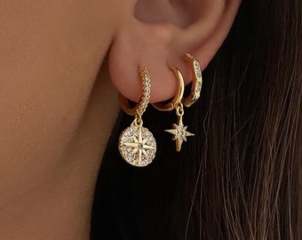 18K Gold Plated Star Dangle Hoop Earring Set, Celestial Jewelry, 3 Pair Earring Set, Zircon Starburst Earring