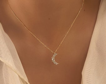 Dainty Gold Moon Necklace, 925 Sterling Silver Moon Pendant, Diamond Crescent Moon Necklace