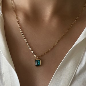 Turquoise emerald Pendant Necklace, 18K Gold Plated on Stainless Steel, Rectangle Stone Pendant, Bezel set Emerald Necklace, Christmas Gift