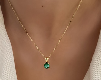 14K Gold Plated Solitaire Diamond Necklace Emerald Pendant Necklace Dainty Diamond Necklace