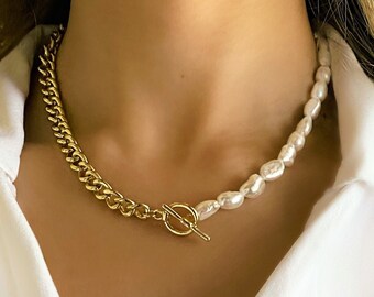 Half Pearl Chain Choker Necklace, Toggle Necklace, Freshwater Pearl Necklace, Kendal Necklace