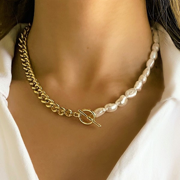 Half Pearl Chain Choker Necklace, Toggle Necklace, Freshwater Pearl Necklace, Kendal Necklace