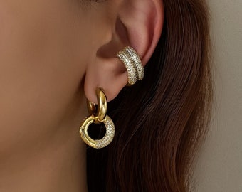 Boucle d'oreille Chunky Pave, grosse boucle d'oreille en or, grosse manchette d'oreille, manchette d'oreille en diamant