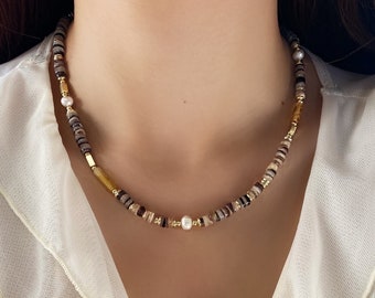 18K Gold Plated Beaded Pearl Chain Choker Gemstone choker Beaded choker, multi Stone choker necklace, Christmas Gift for Her