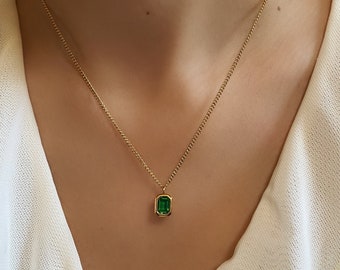 18K Gold Plated Emerald Necklace, Green Emerald Pendant Necklace, Dainty Emerald Necklace, Valentine's day gift