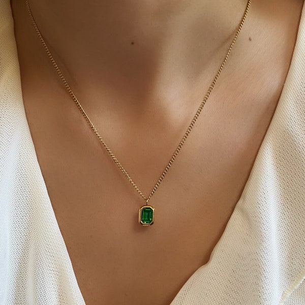 18K Gold Plated Emerald Necklace, Green Emerald Pendant Necklace, Dainty Emerald Necklace, Valentine's day gift