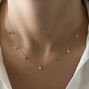 18K Gold Plated Water Drop Zirconia Pendant Necklace, Dainty Stainless Steel Necklace, Minimalistic Gold Layering Chain