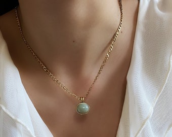 Natural Jade Stone Necklace, Jade Gemstone Pendant, Green Gemstone, 18K Gold Plated Figaro Chain, oval pendant necklace