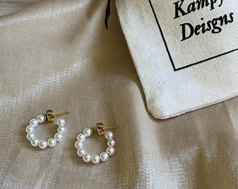 Best Seller Pearl Hoop Earrings, Beaded Mini Pearl Hoops, Bridal Gift, bridesmaids Dainty Pearl Huggie Earrings Valetine's Day gift under 30