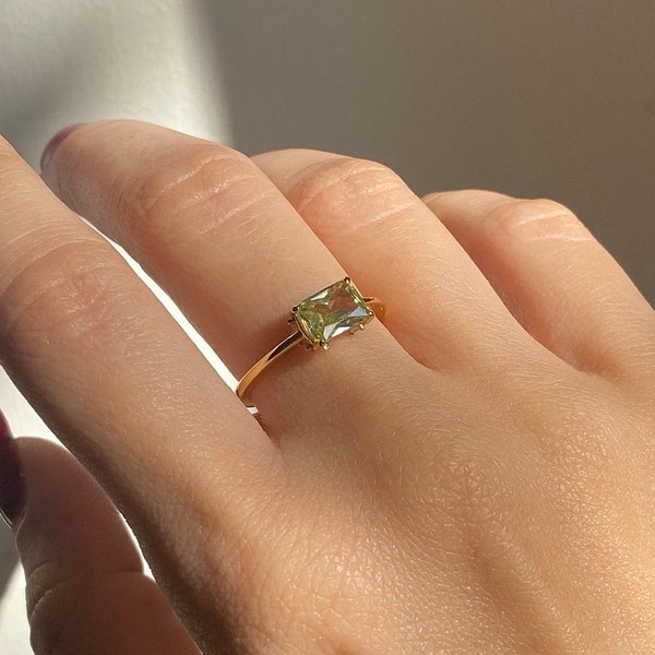 Green Prasiolite Ring, East-West Radiant cut Engagement ring, Green Amethyst Zircon Ring, Emerald Engagement Ring