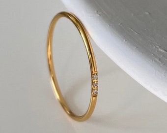 18K Gold Plated mini diamond ring, thin gold ring, dainty stacking ring, Minimalistic 3 stone ring