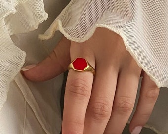 Chevalière en or 18 carats, bague hexagonale, bague en émail rouge, bague tendance en or, chevalière rouge