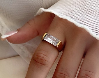 Baguette gold ring, elongated emerald cut ring, east west baguette diamond ring, gold statement ring