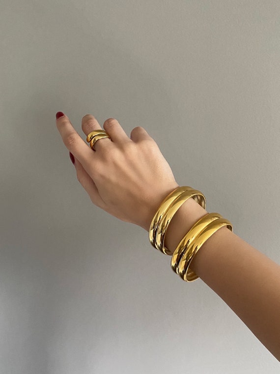 18K Gold Plated Thick Gold Bangle Bracelet Chunky Gold Bracelet Slip on Bangle Gold Cuff Bracelet Christmas gift for her Etsy
