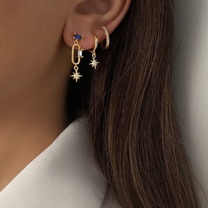 18K Gold Plated Star Dangle Hoop Earring Set, Celestial Jewelry, 3 Pair Earring Set, Blue Zircon Earring Mismatched Earrings Valentine's day