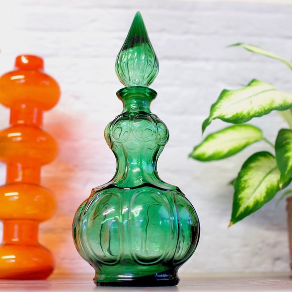 Emerald Green Genie Bottle Corset Style ~ Vintage Empoli Glass Decanter ~ Mid Century Modern ~ Boho Chic