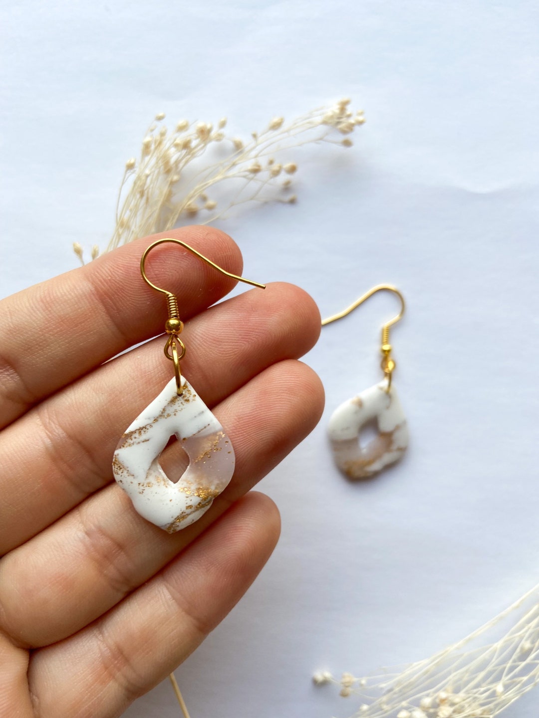 Gold & White Marble Drop Earrings Dainty Elegant Jewellery Etsy UK