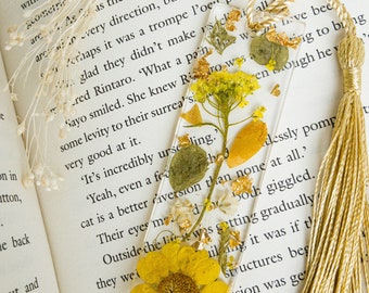 Real Pressed Flower Bookmark with Gold Leaf and Gold Tassel | Mothers Day Gift