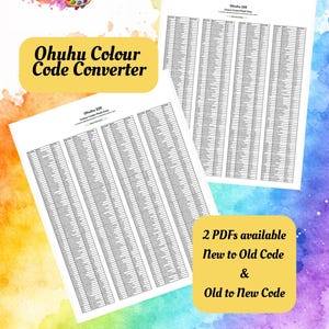 May include: Two white paper documents with the text "Ohuhu Colour Code Converter" and "Ohuhu 320". The documents are on a colourful watercolour background. The text "2 PDFs available New to Old Code & Old to New Code" is also visible.