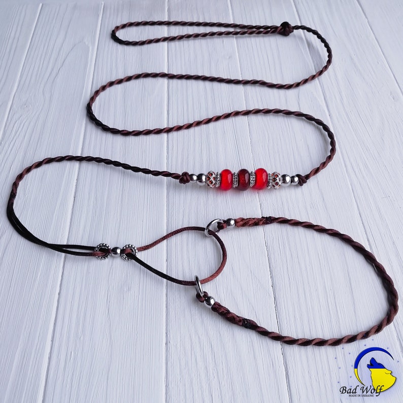 May include: A brown leather dog leash with a red and silver beaded charm. The leash is made of two separate pieces, one a long cord and the other a shorter loop.