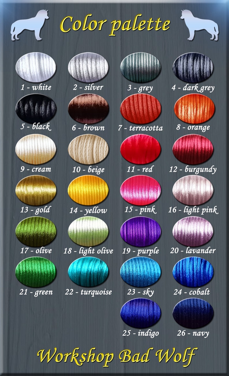 May include: Color palette chart with 26 different colors of embroidery floss. The colors are arranged in rows and labeled with numbers and names. The chart is titled "Color palette" and "Workshop Bad Wolf".